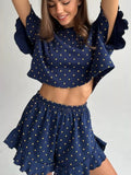 Printed Crop Top and Ruffled Shorts Lounge Set