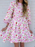 Floral Print Striped Trim Frilled Neck 3/4 Sleeve Flared Mini Dress