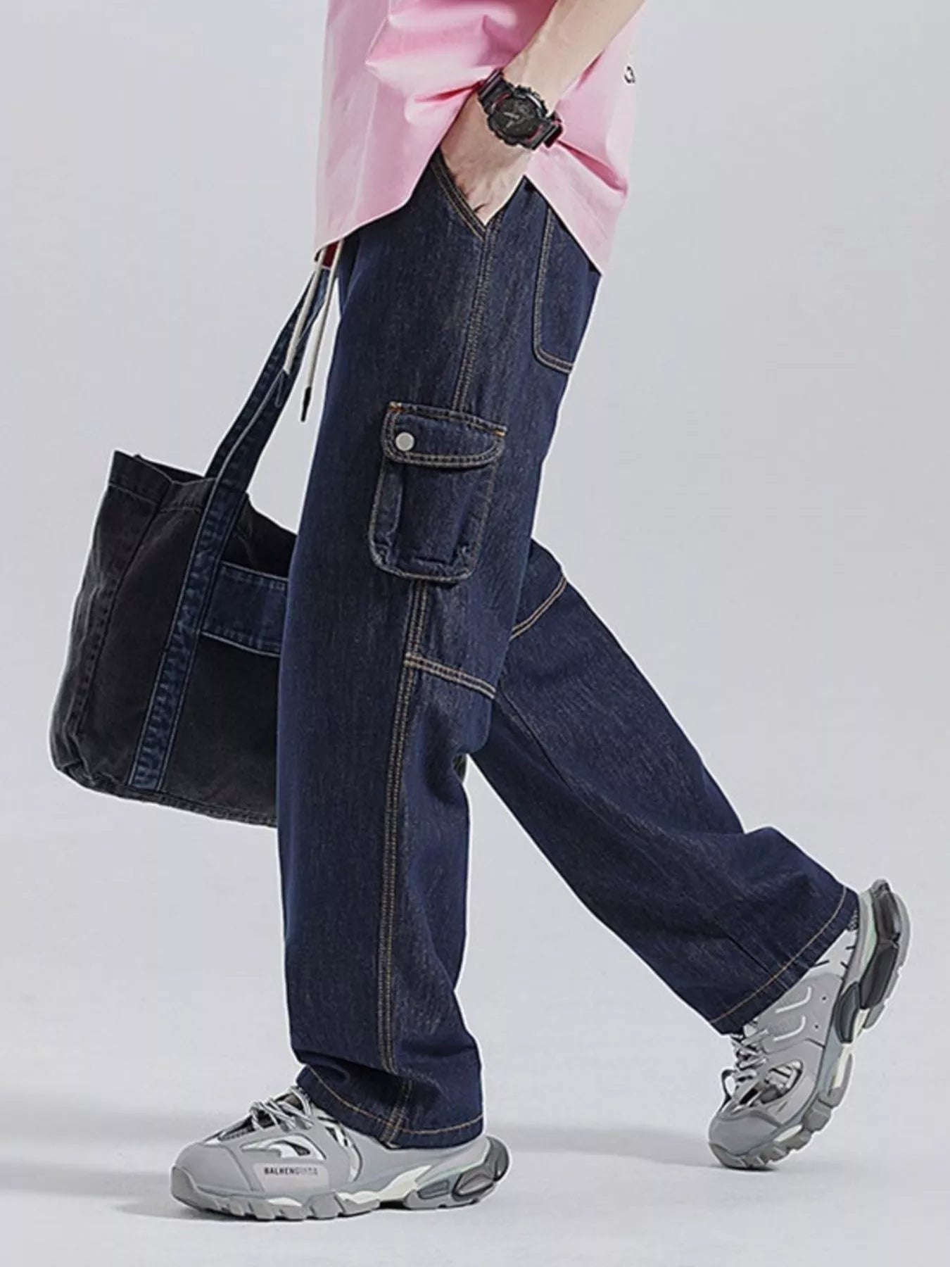 Men's Drawstring Washed Wide Leg Jeans