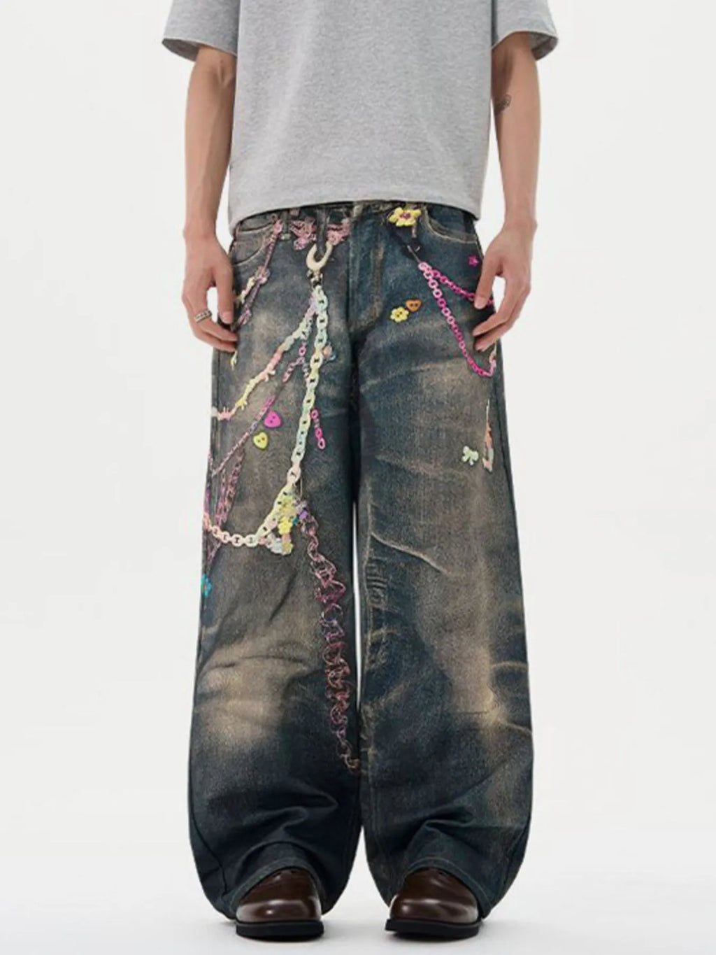 Men's Printed Washed Distressed Wide Leg Jeans