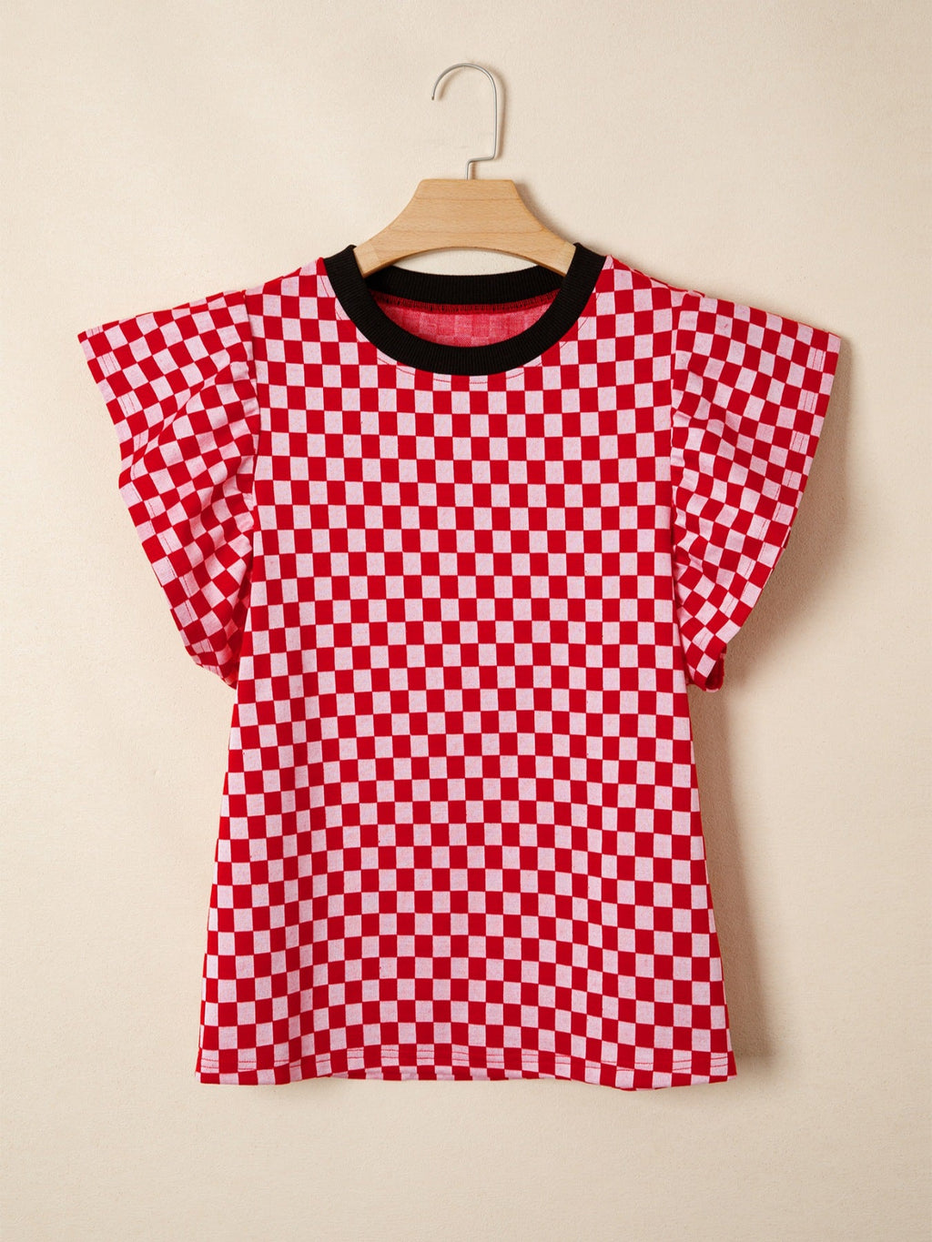 Checkered Print Ruffle Cap Sleeve Contrast Trim Round Neck Top