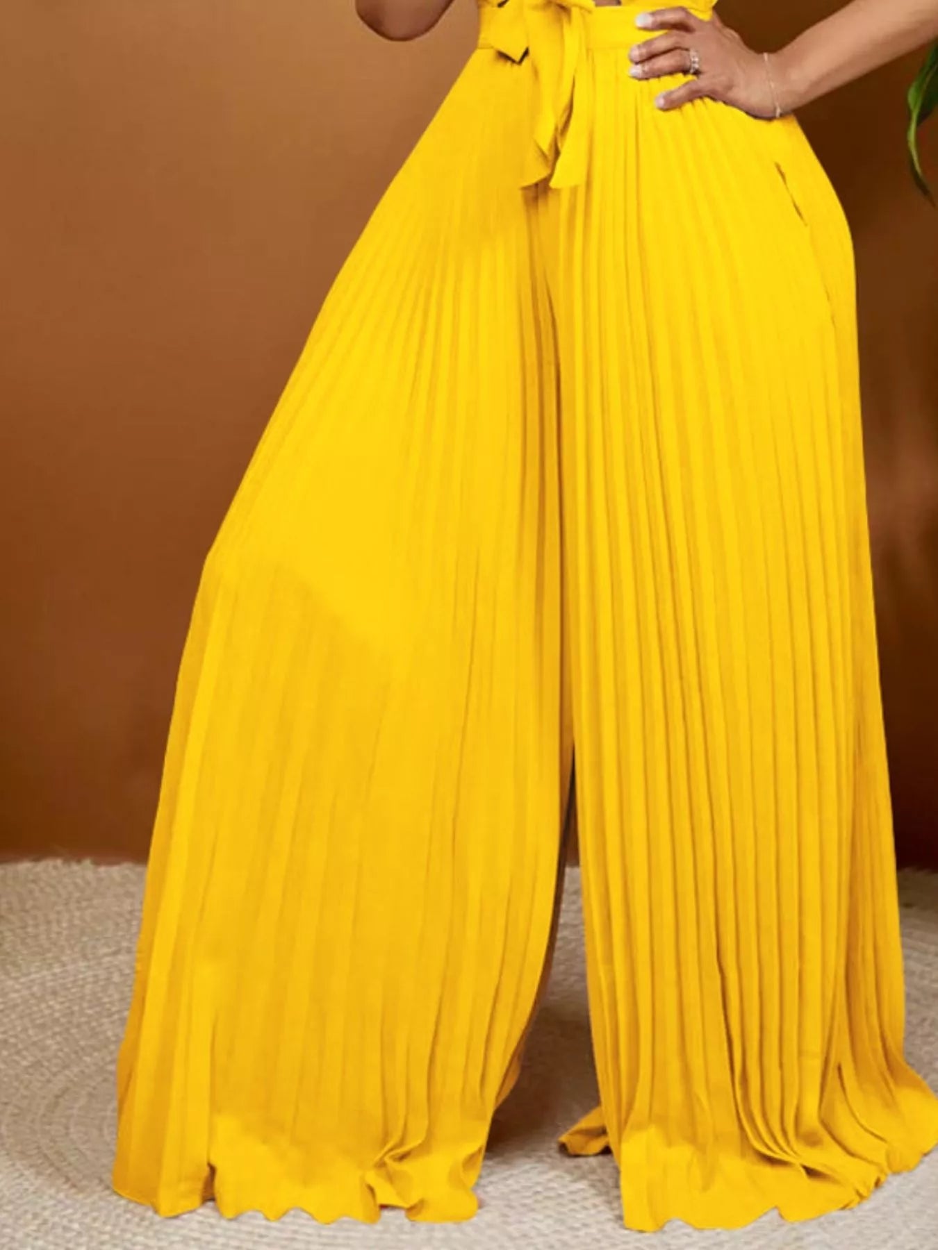 Full Size Tie Front Pleated Wide Leg Jumpsuit Plus Size
