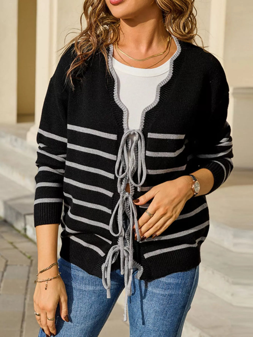 Striped Tie Front Knit Cardigan