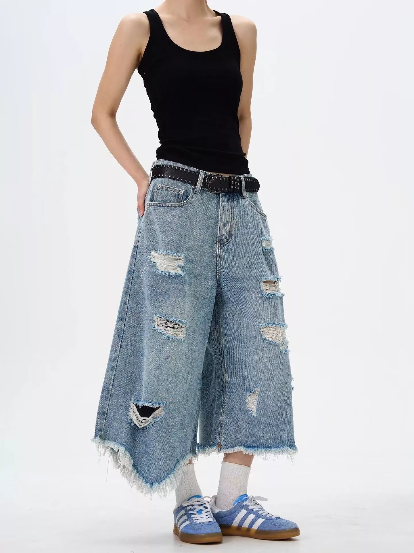 Men's Full Size Distressed Raw Hem Wide Leg Jeans Plus Size