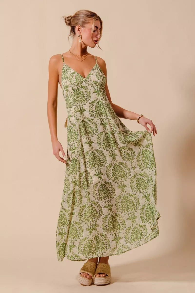 SO ME Damask Floral Summer Maxi Flowy Dress With Open Back