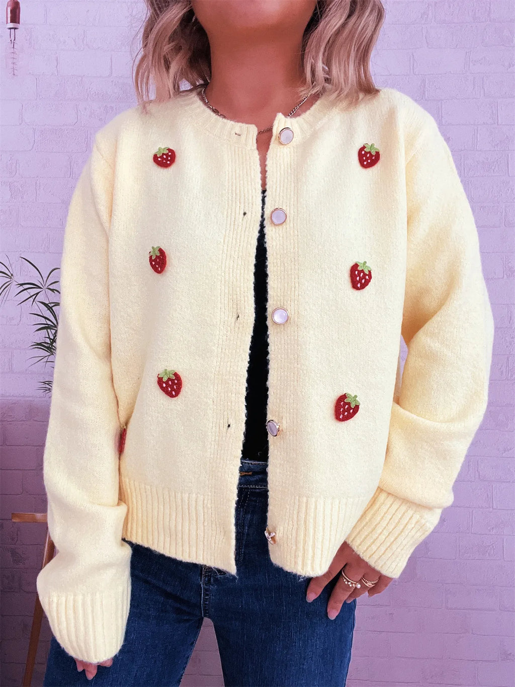 Strawberry Button Up Long Sleeve Cardigan