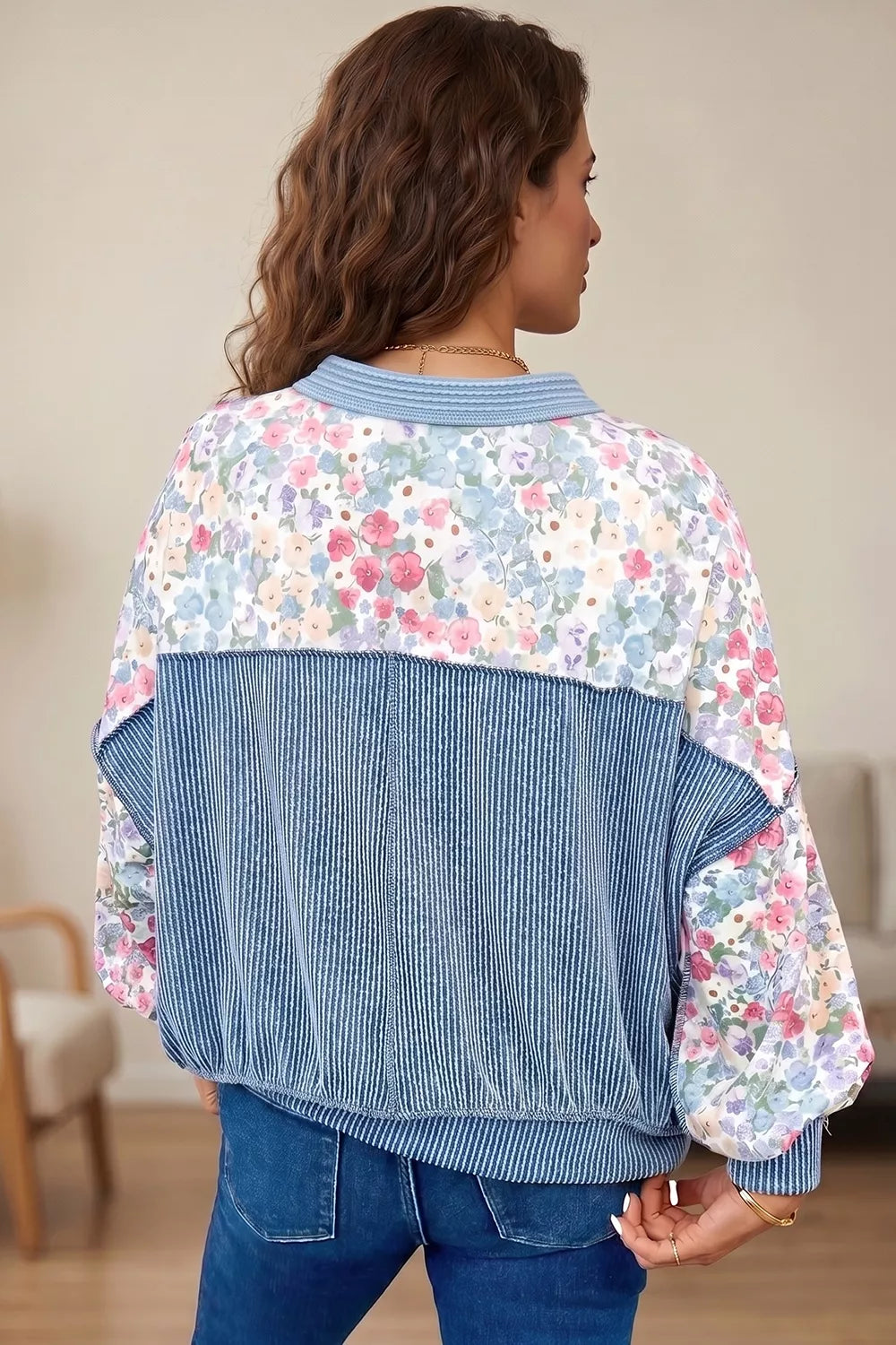 Multicolour Floral Print Round Neck Long Sleeve Shift Top