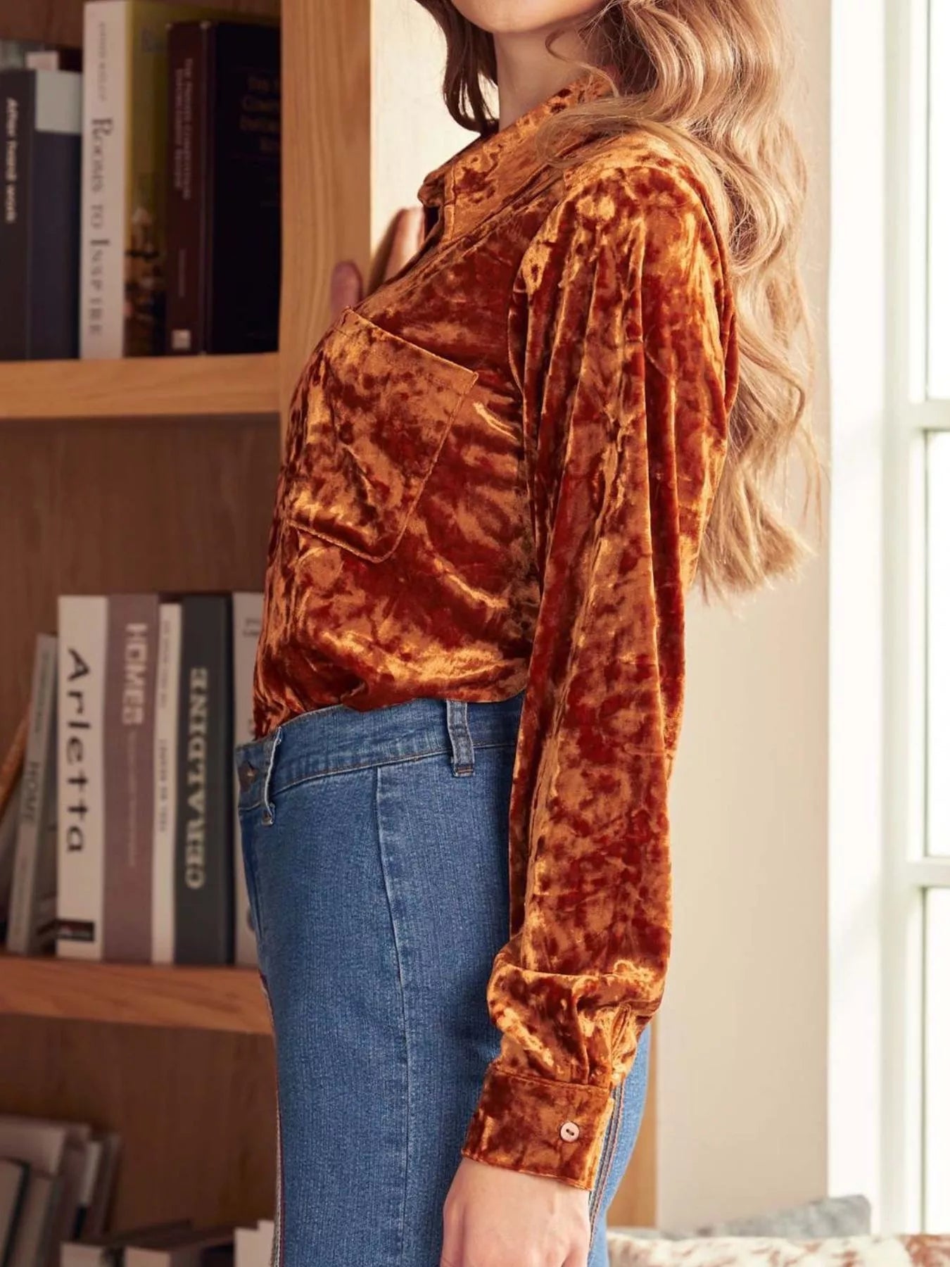 Velvet Button-Down Long Sleeve Shirt