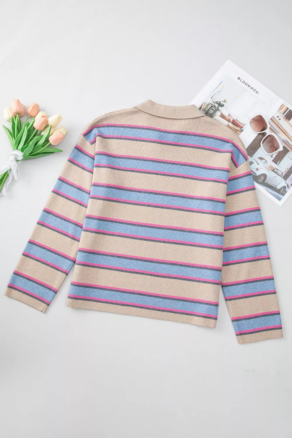 Striped Color Block Johnny Collar Sweater
