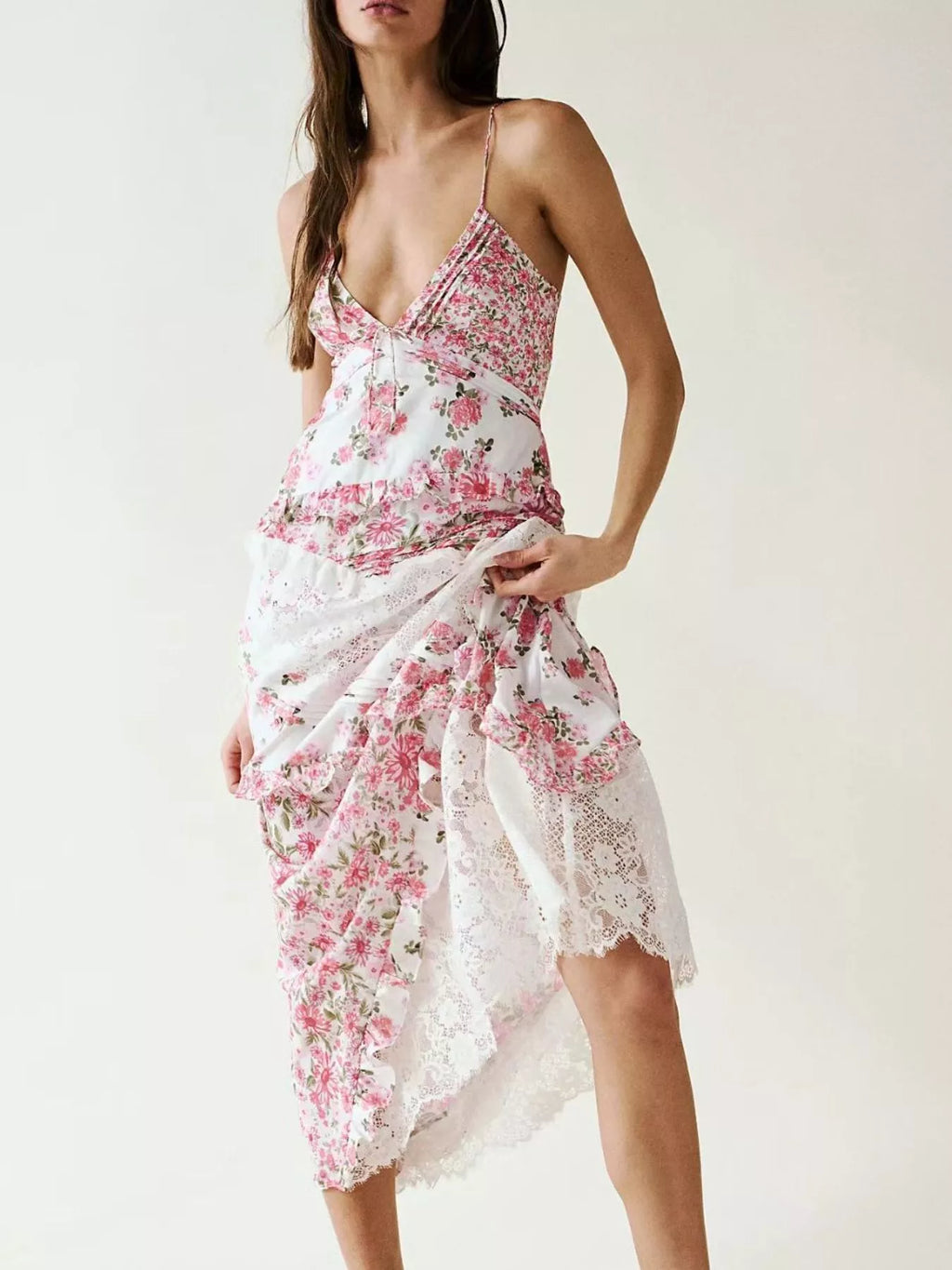 Lace Floral Print Ruffle Trim Maxi Dress