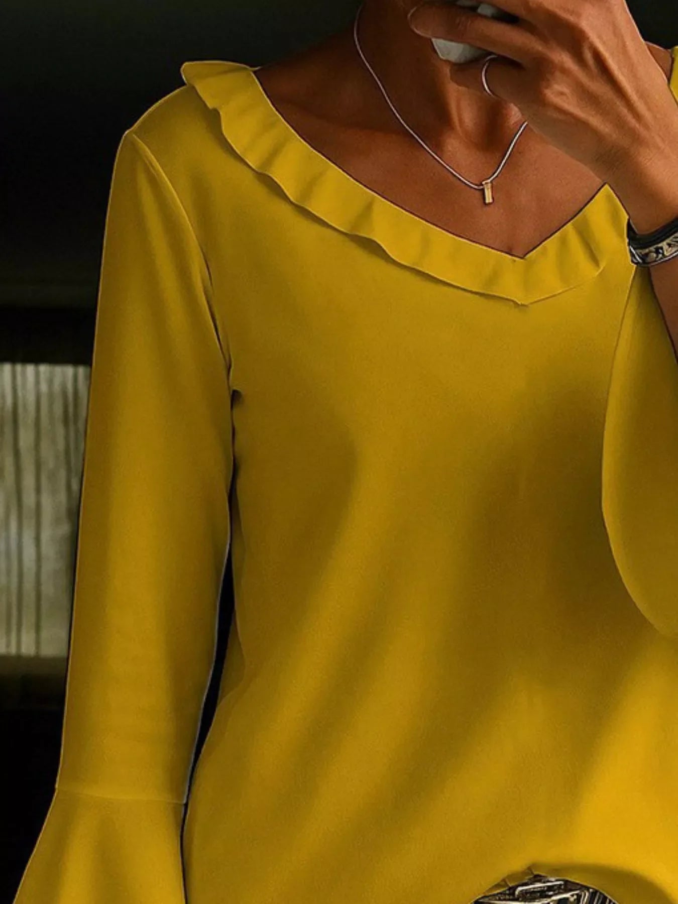 Ruffle V-Neck Bell Sleeve Blouse