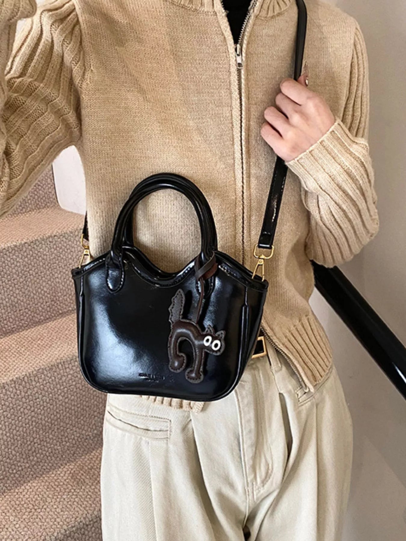 Leather Cat Charm Crossbody Bag