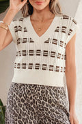 Contrast Geometric Textured Knit V Neck Cropped Sweater Vest
