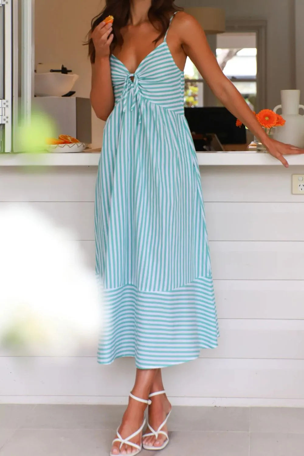 Smocked Back Striped Sleeveless Midi Dress