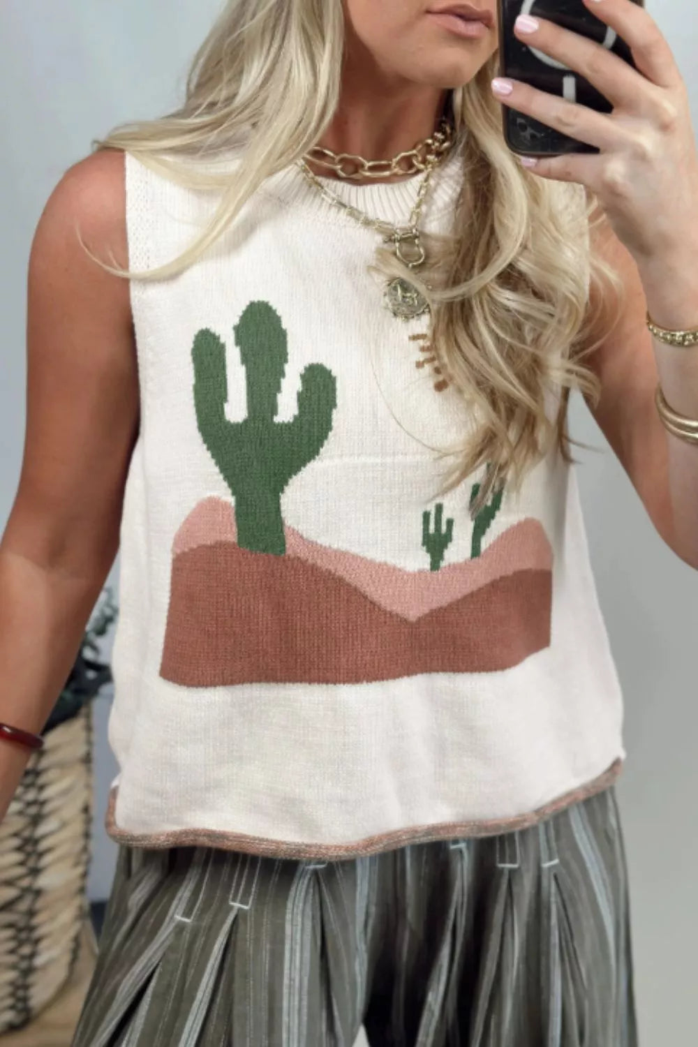 Multicolour Cactus Western Oasis Loose Sweater Vest
