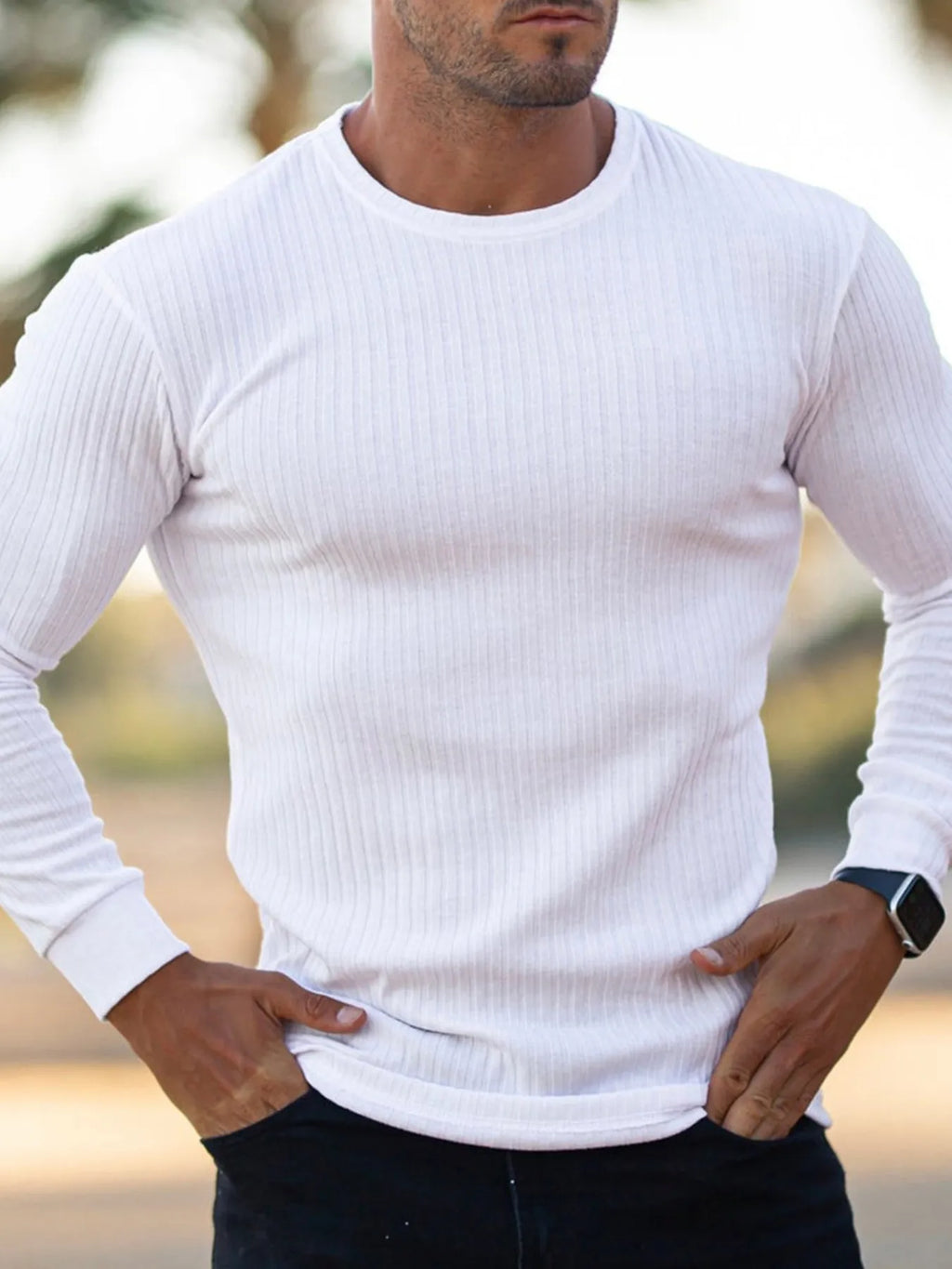 Men's Ribbed Round Neck Long Sleeve T-Shirt