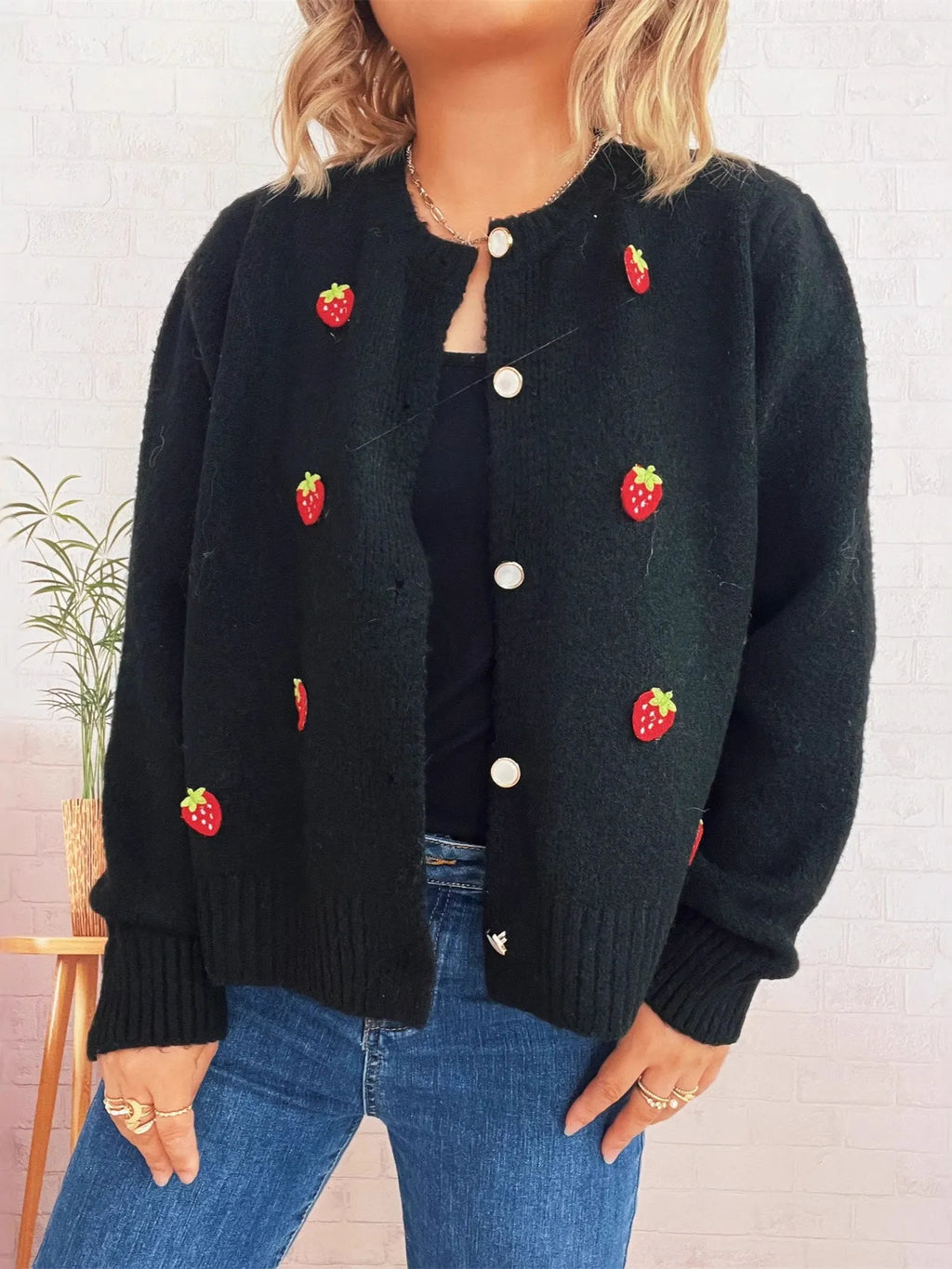 Strawberry Button Up Long Sleeve Cardigan