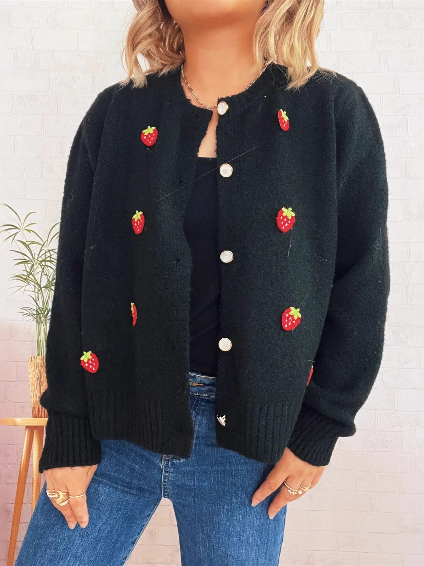 Strawberry Button Up Long Sleeve Cardigan