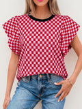 Checkered Print Ruffle Cap Sleeve Contrast Trim Round Neck Top