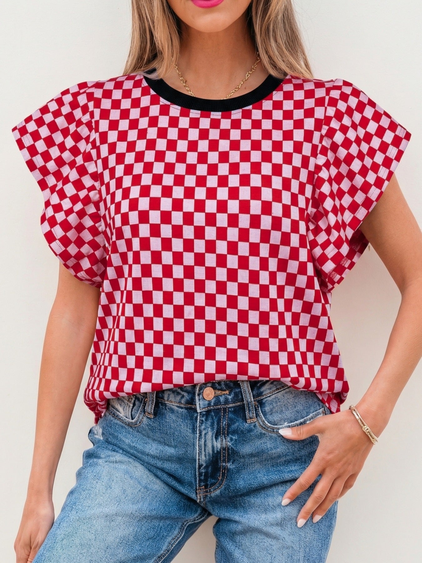 Checkered Print Ruffle Cap Sleeve Contrast Trim Round Neck Top
