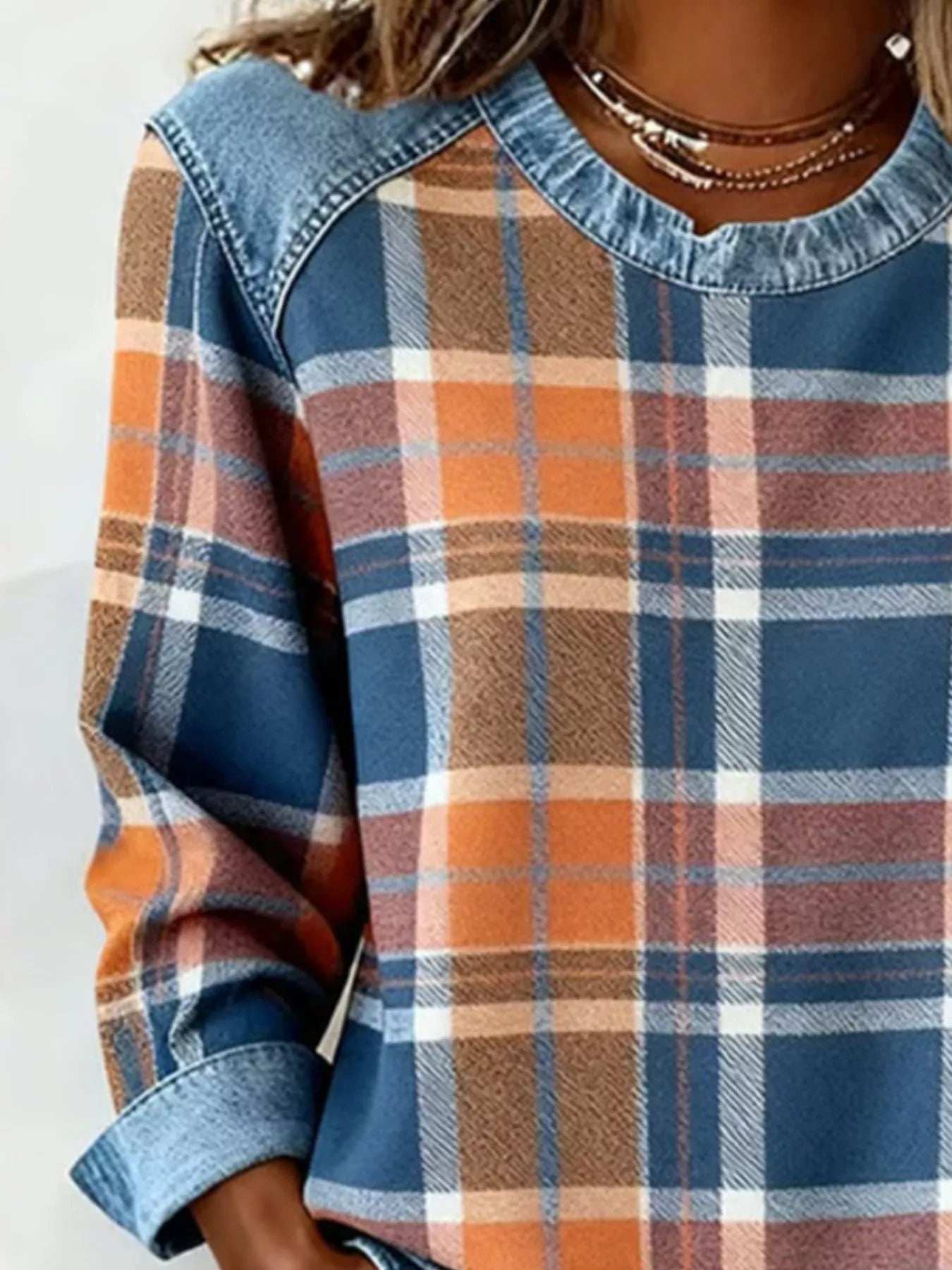 Full Size Plaid Denim Trim Long Sleeve Sweatshirt Plus Size