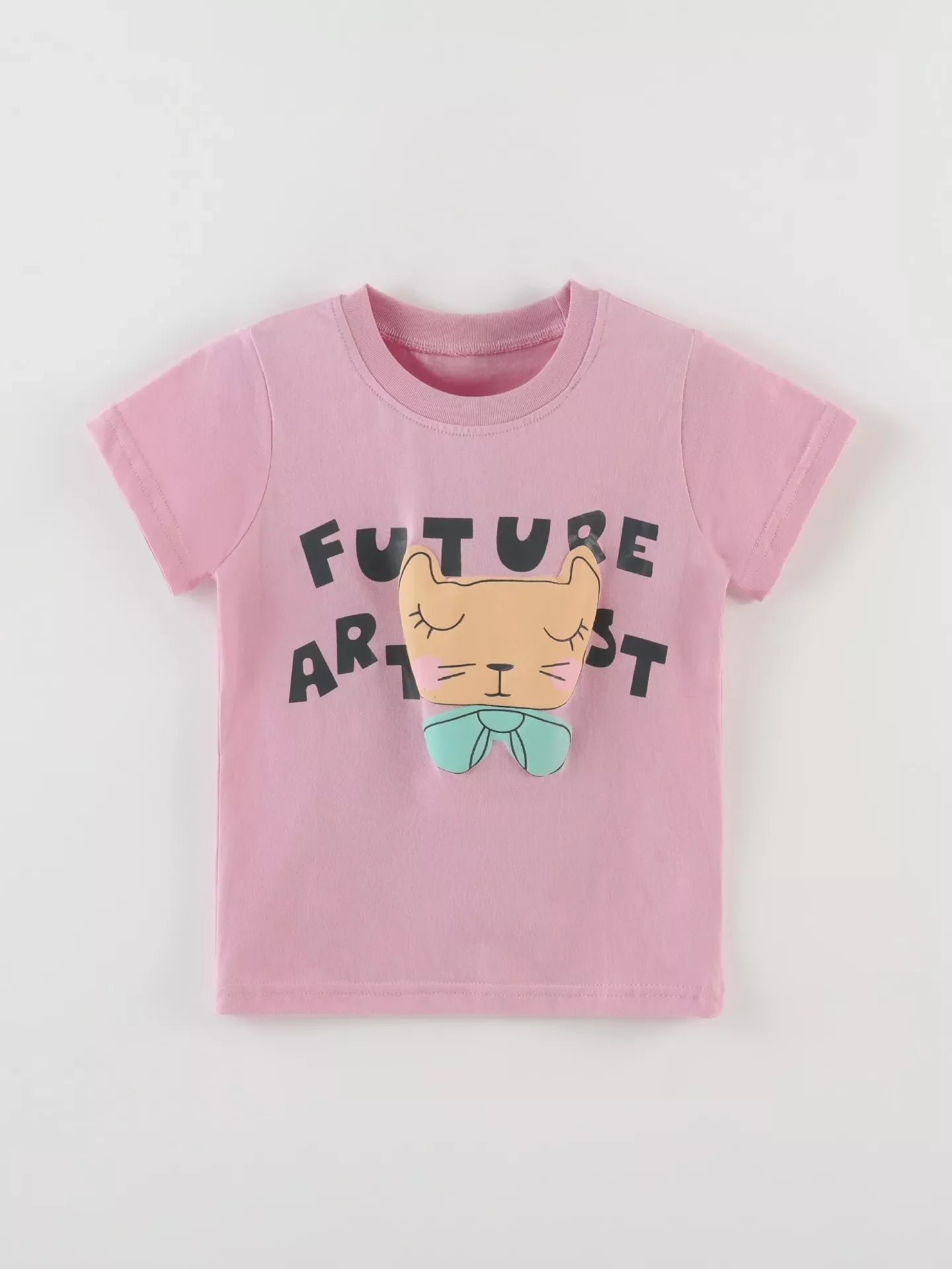 Children's Cat Graphic Round Neck T-Shirt