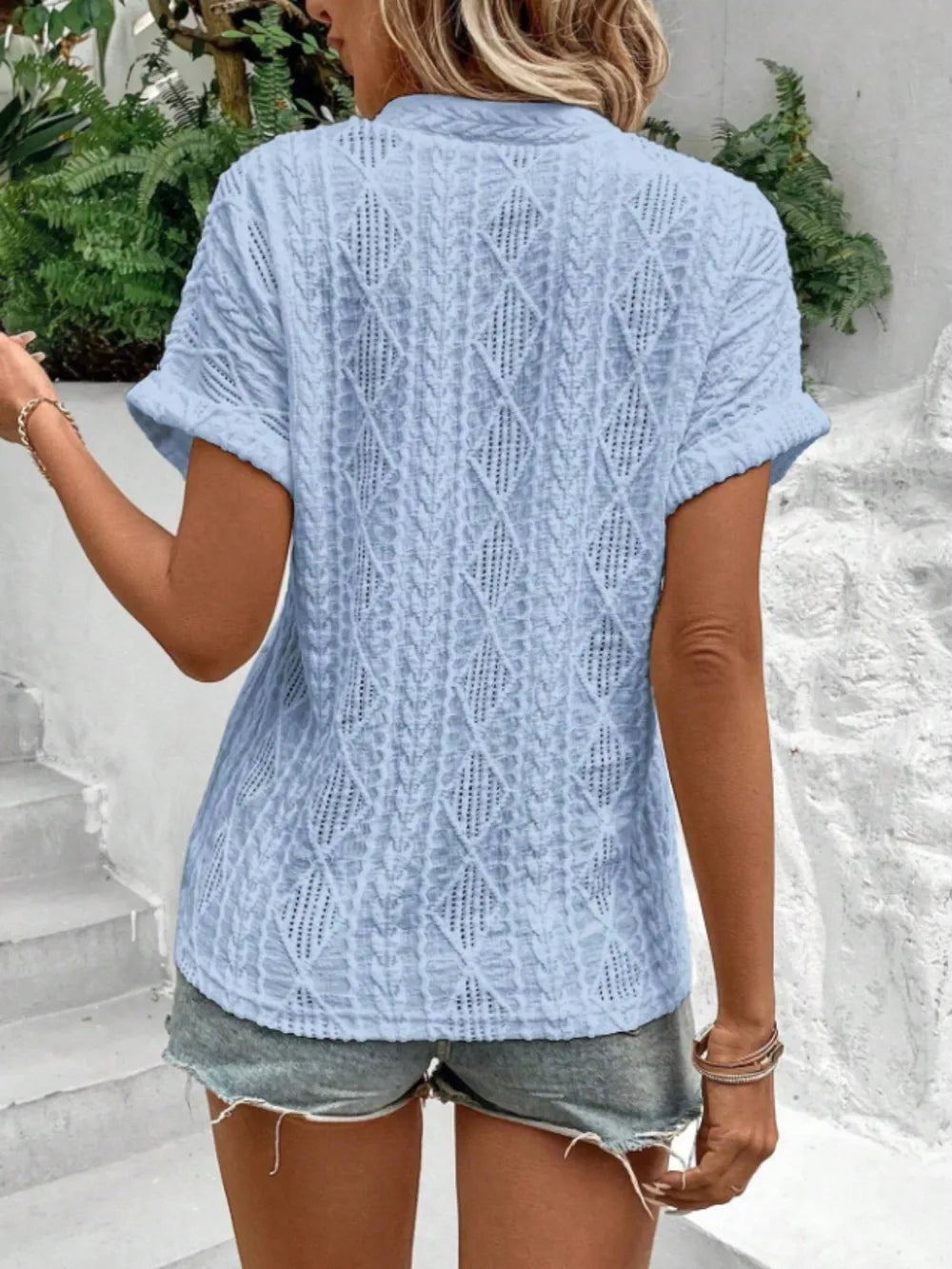 Openwork Notched Short Sleeve Blouse