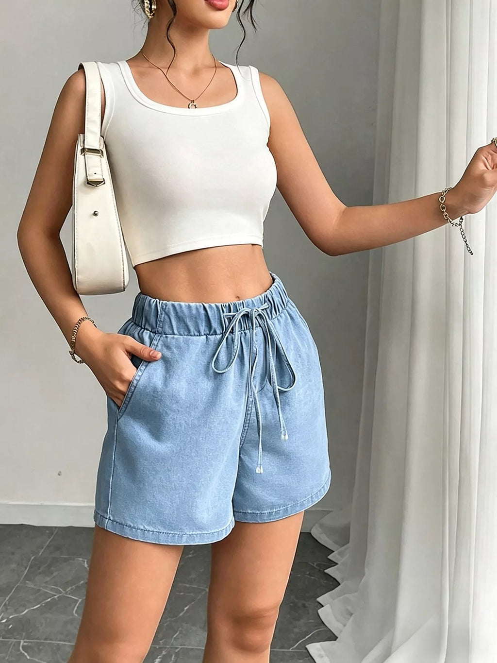 Drawstring High Waist Denim Shorts