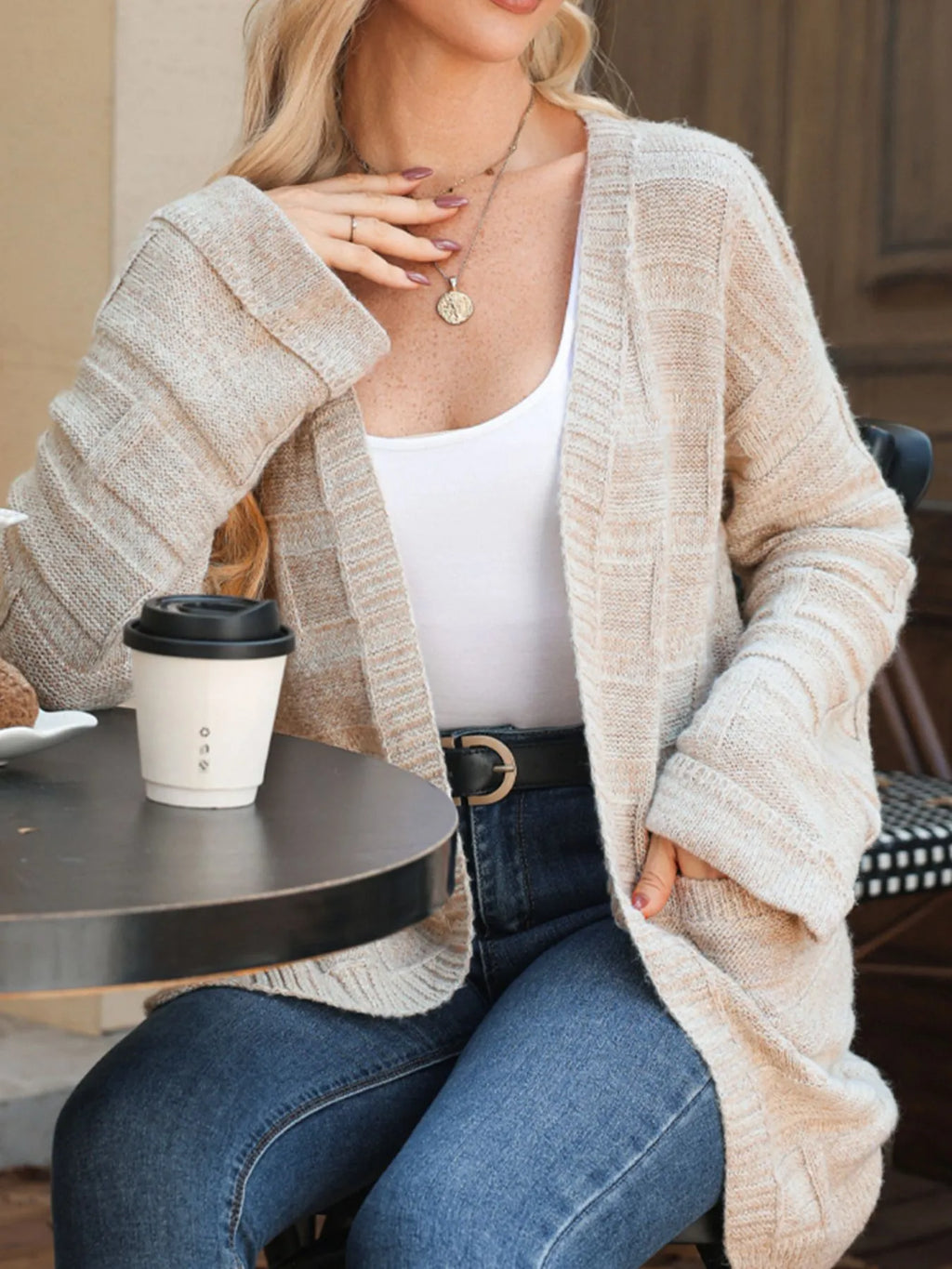 Textured Knit Open Front Cardigan with Pockets