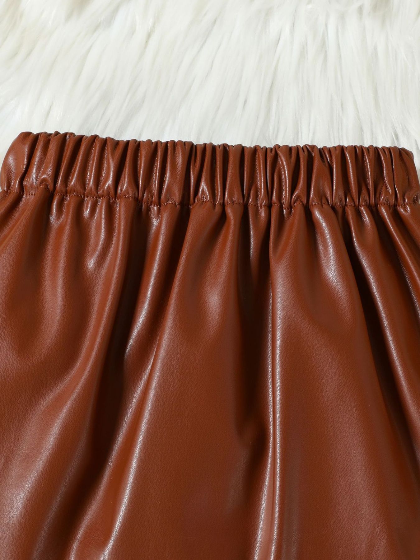 Children's Ruffled Trim Ribbed Top & Faux Leather Skirt Set