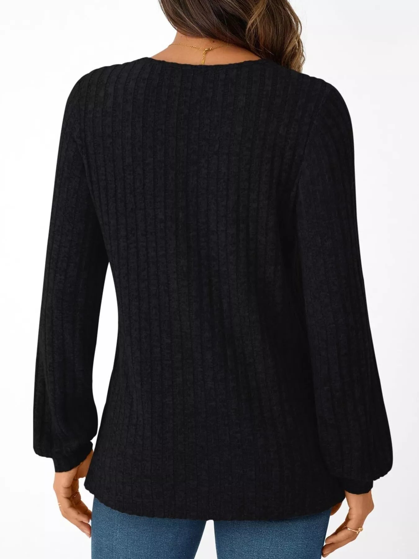 Ribbed Knit V-Neck Long Sleeve T-Shirt