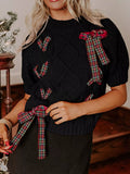 Plaid Bow Short Sleeve Sweater
