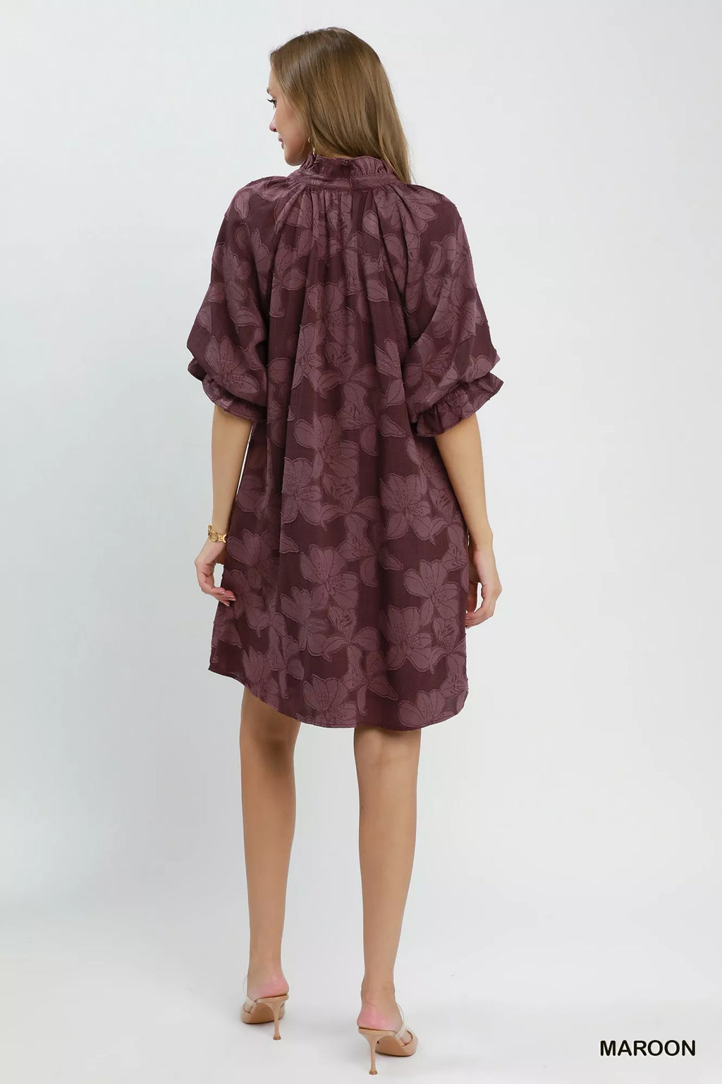 Umgee Floral Textured Jacqaurd V-Neck Dress