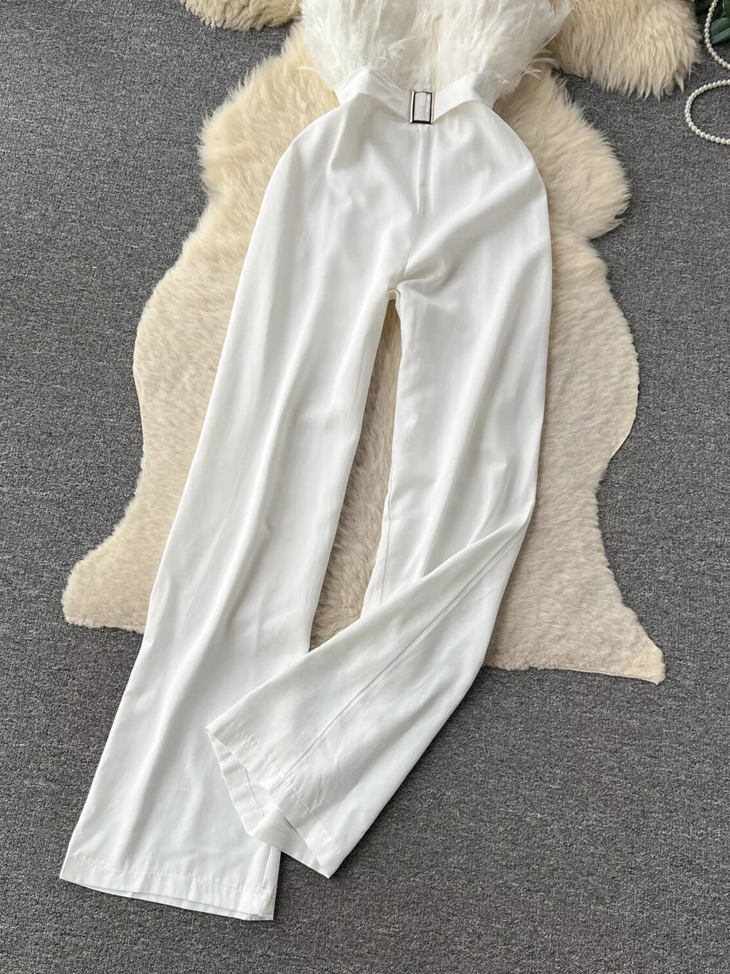 Feather Trim Strapless Wide Leg Jumpsuit