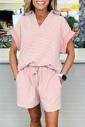 Stripe Dolman Sleeve Polo Shirt and Drawstring Shorts Set
