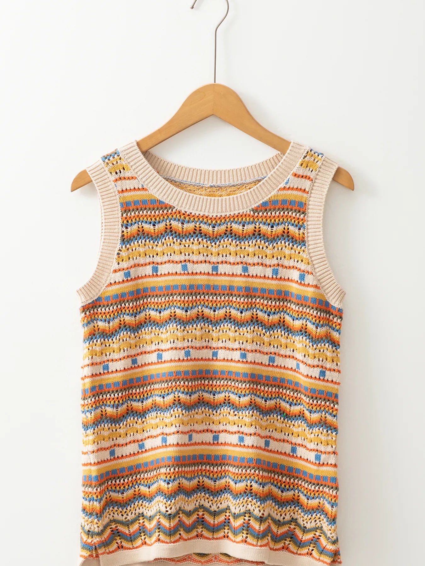 Stripe Eyelet Crochet Round Neck Sweater Vest
