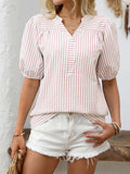 Striped Notched Puff Sleeve Blouse