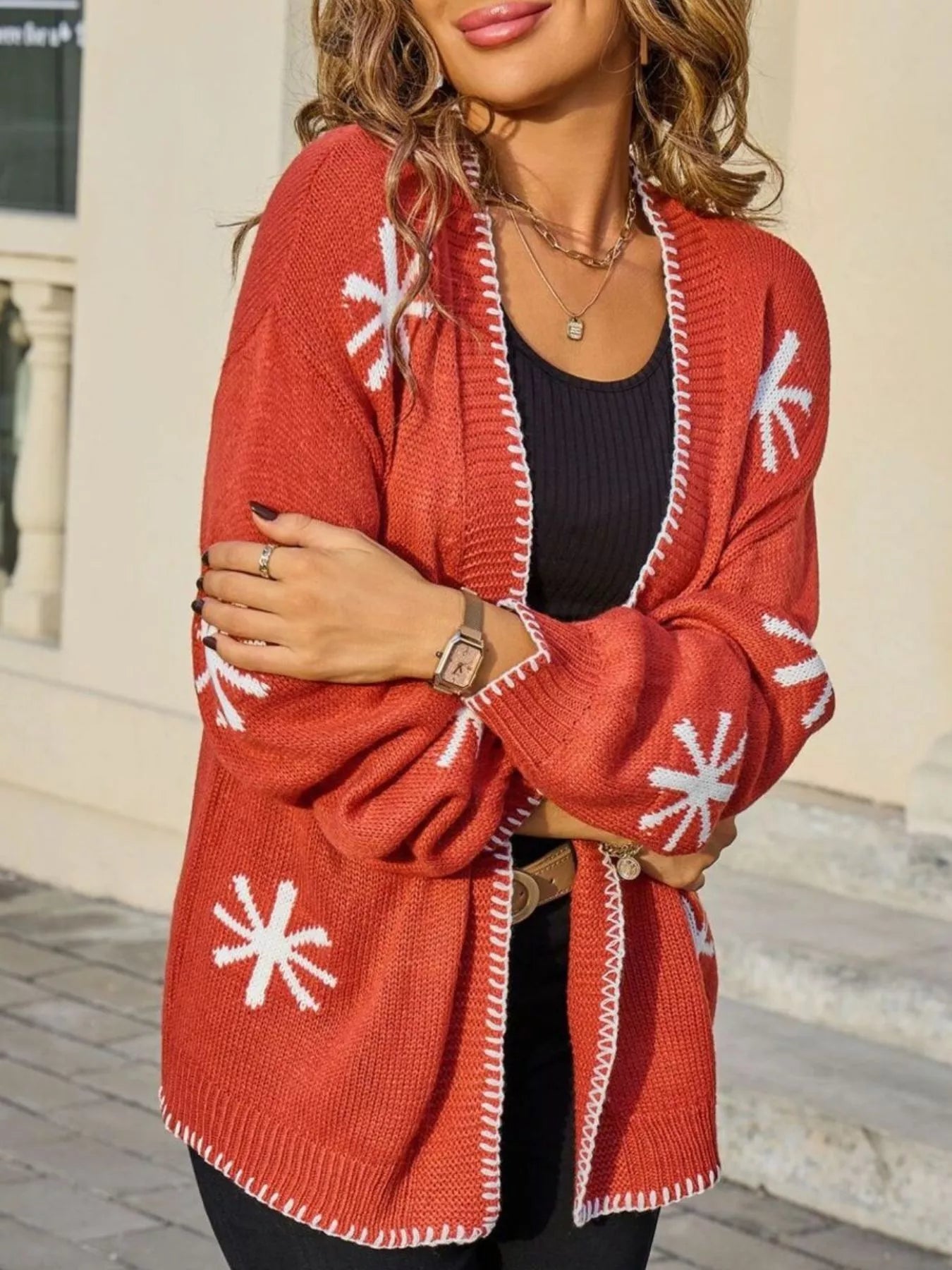 Flower Pattern Open Front Knit Cardigan