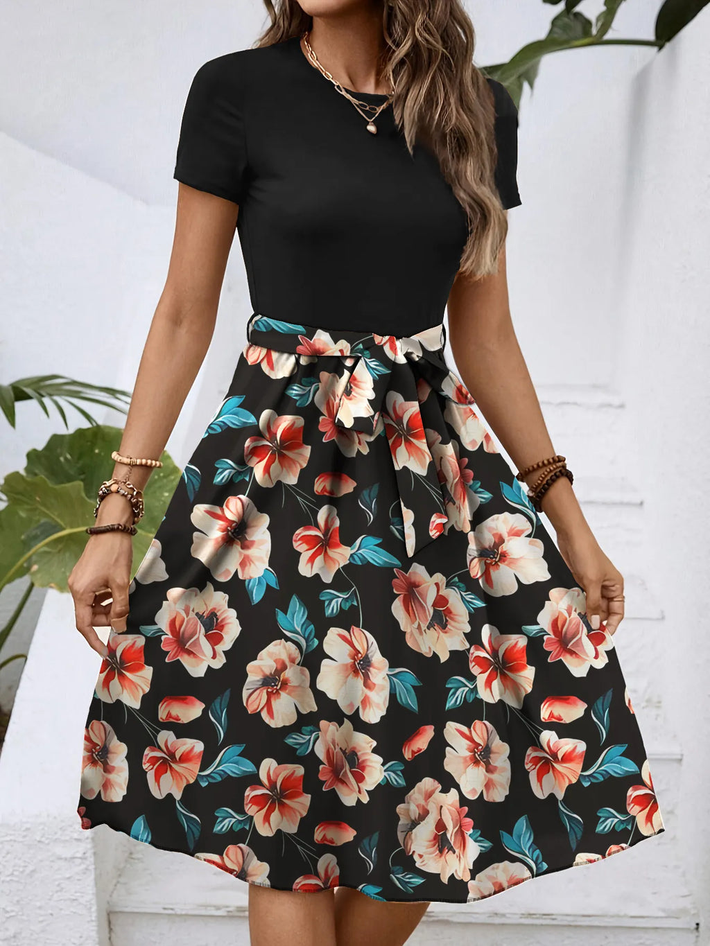 Floral Print Short Sleeve A-Line Dress