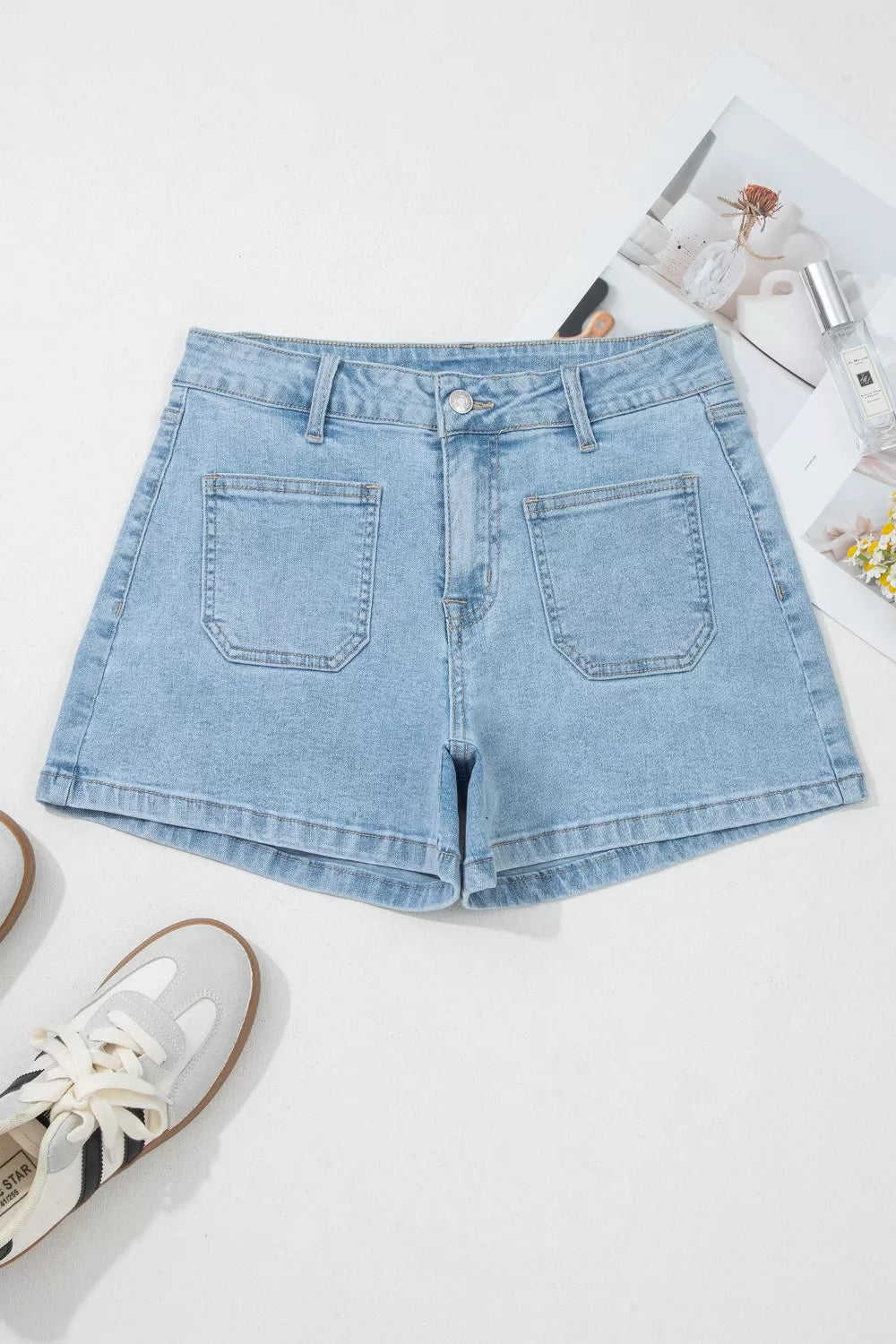 High Rise Patch Pocket Denim Shorts