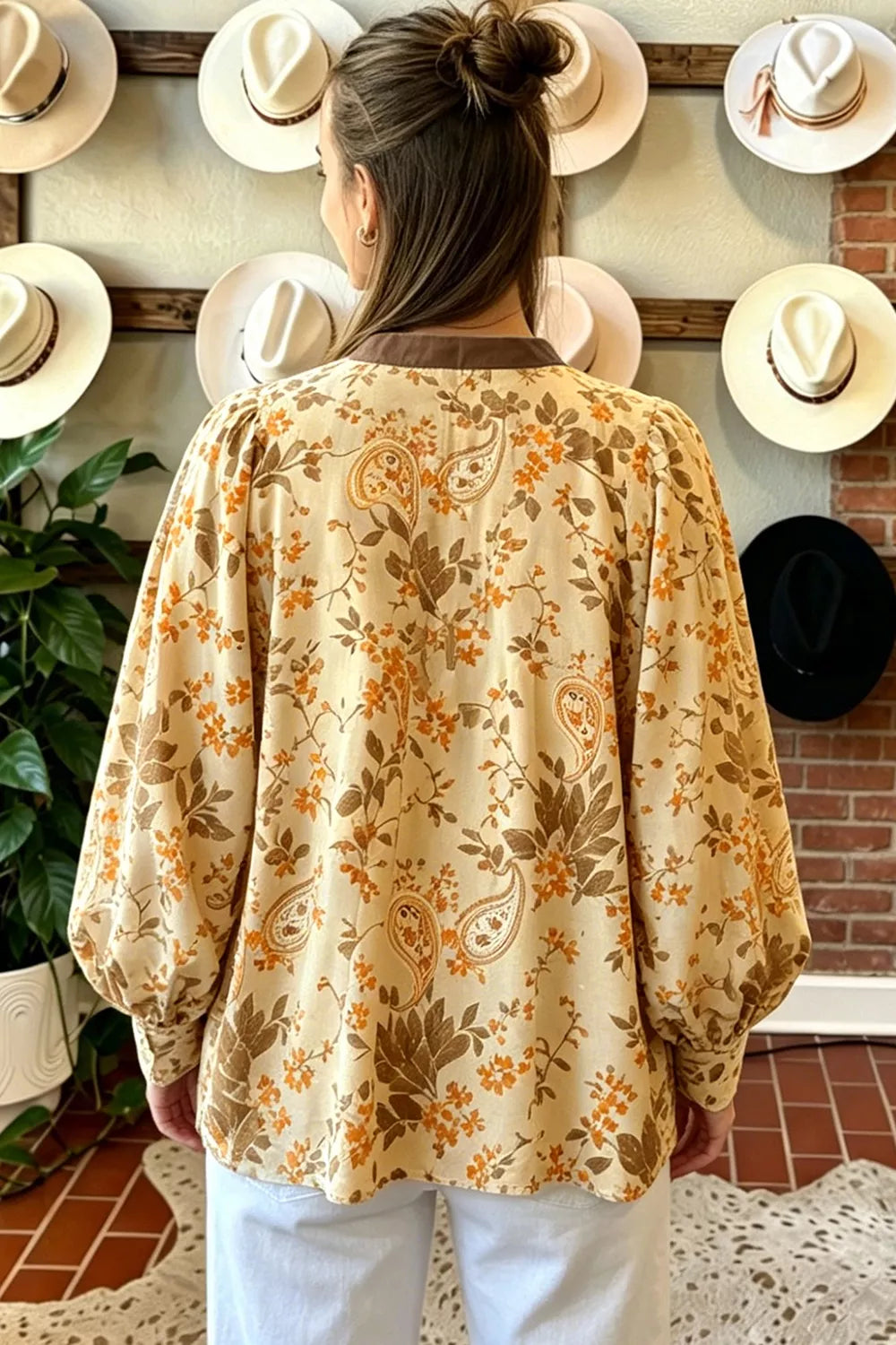 Paisley Print Tie Neck Long Sleeve Shift Top