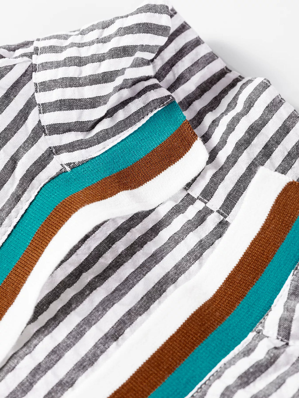 Striped Print Contrast Patchwork Detail Split Neck Blouse