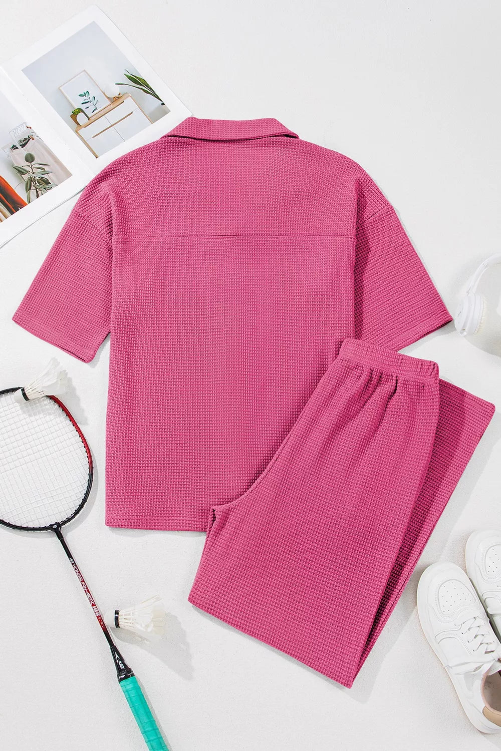 Solid Color Textured Buttoned Shirt and Casual Pants Set