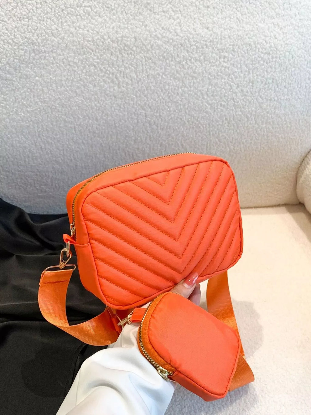 Chevron Quilted Crossbody Bag with Mini Pouch