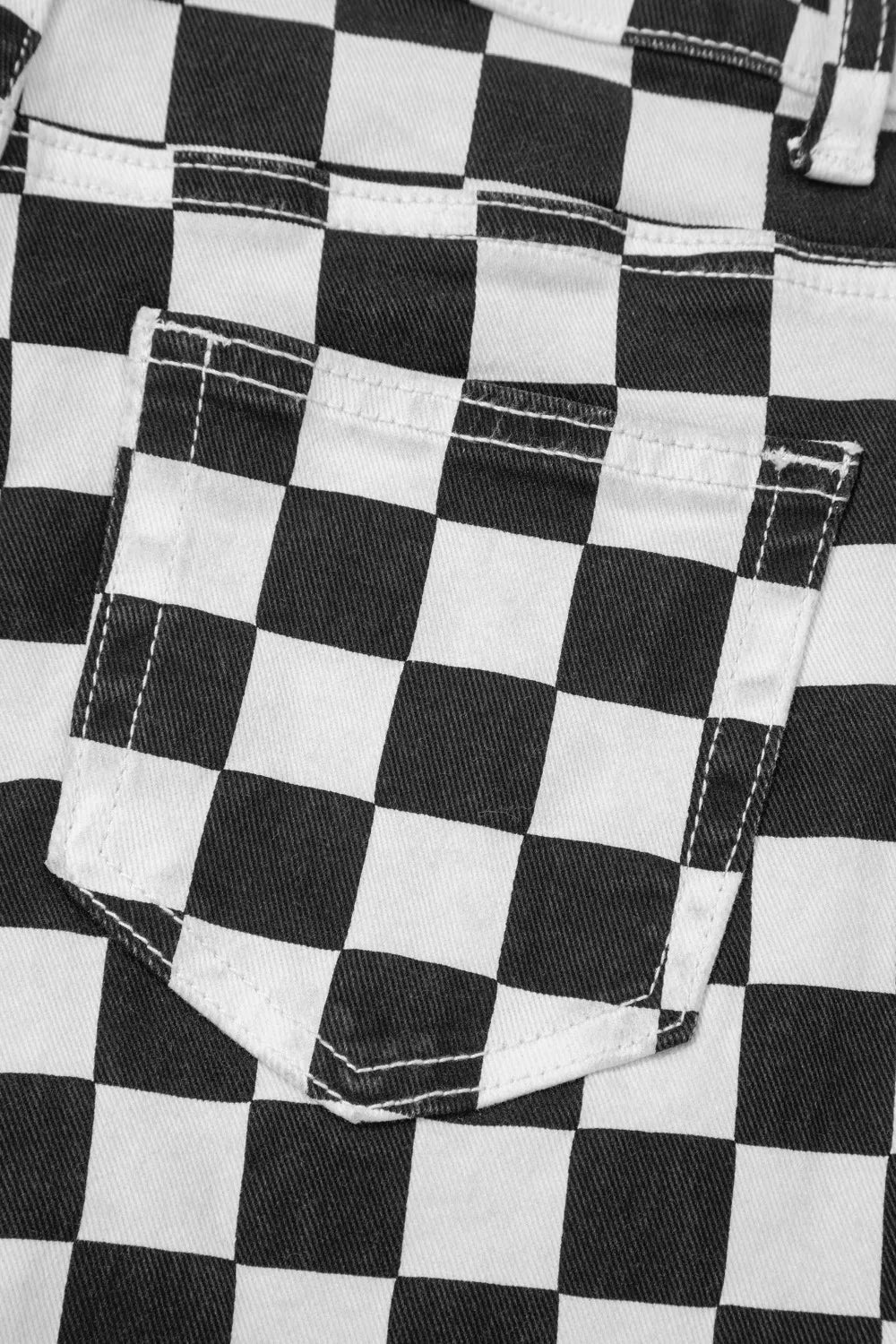 Checkerboard Print Distressed Holes Raw Edge Cropped Jeans