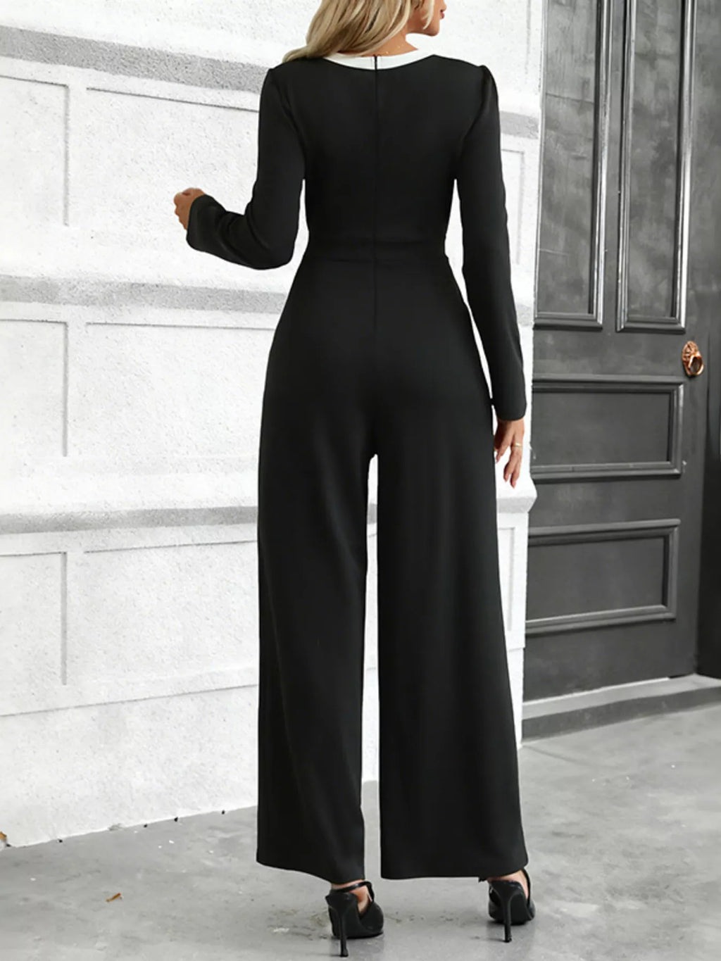 Button-Decor Long Sleeve Wide Leg Jumpsuit