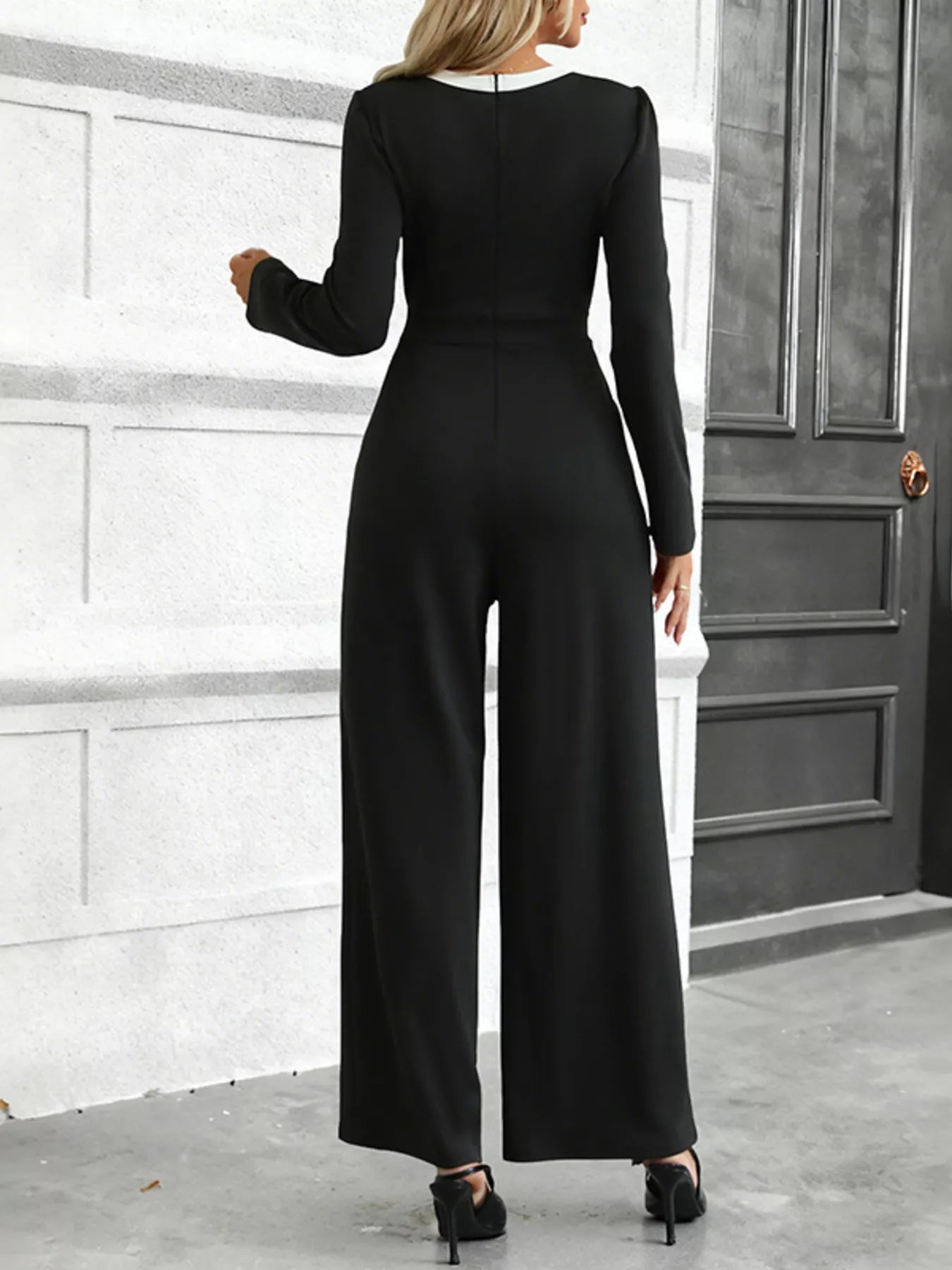 Button-Decor Long Sleeve Wide Leg Jumpsuit