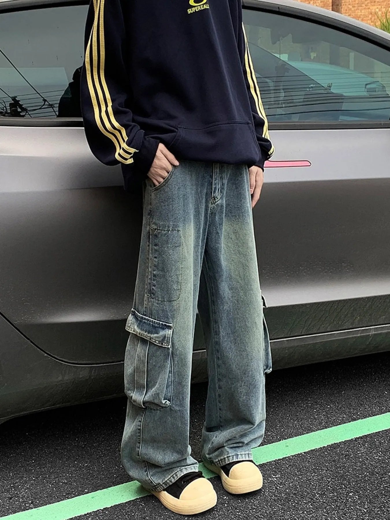 Men's Full Size Vintage Wash Wide Leg Cargo Jeans Plus Size