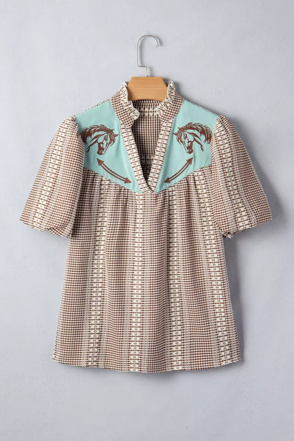Western Pony Embroidered Yoke Puff Sleeve Gingham Blouse