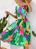 Pleated Tropical Print Belted Midi Dress